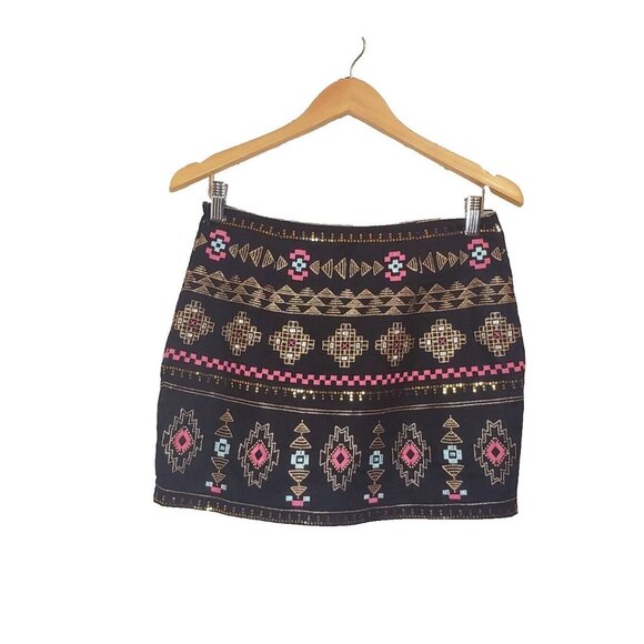 Miami Brand Embroidered Tribal Print Mini Skirt Women’s Medium Black Multicolor - Picture 4 of 16